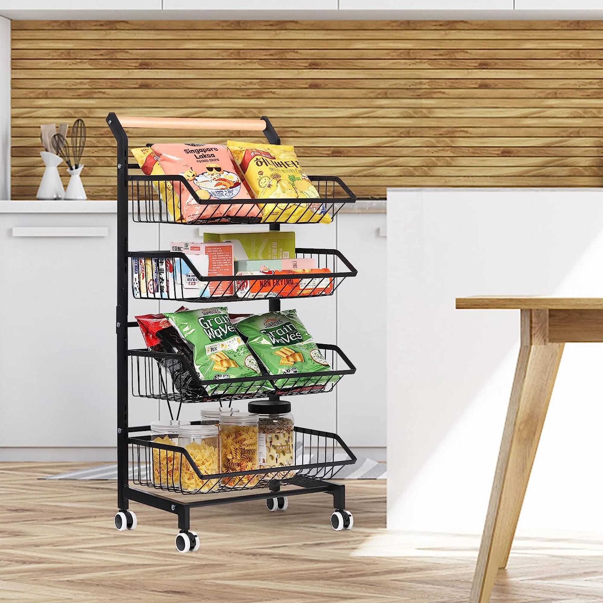 Black 4 Tier Fruit Vegetable Storage Basket Rolling Cart